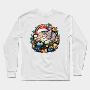 Lazy American Shorthair Cat At Christmas Long Sleeve T-Shirt